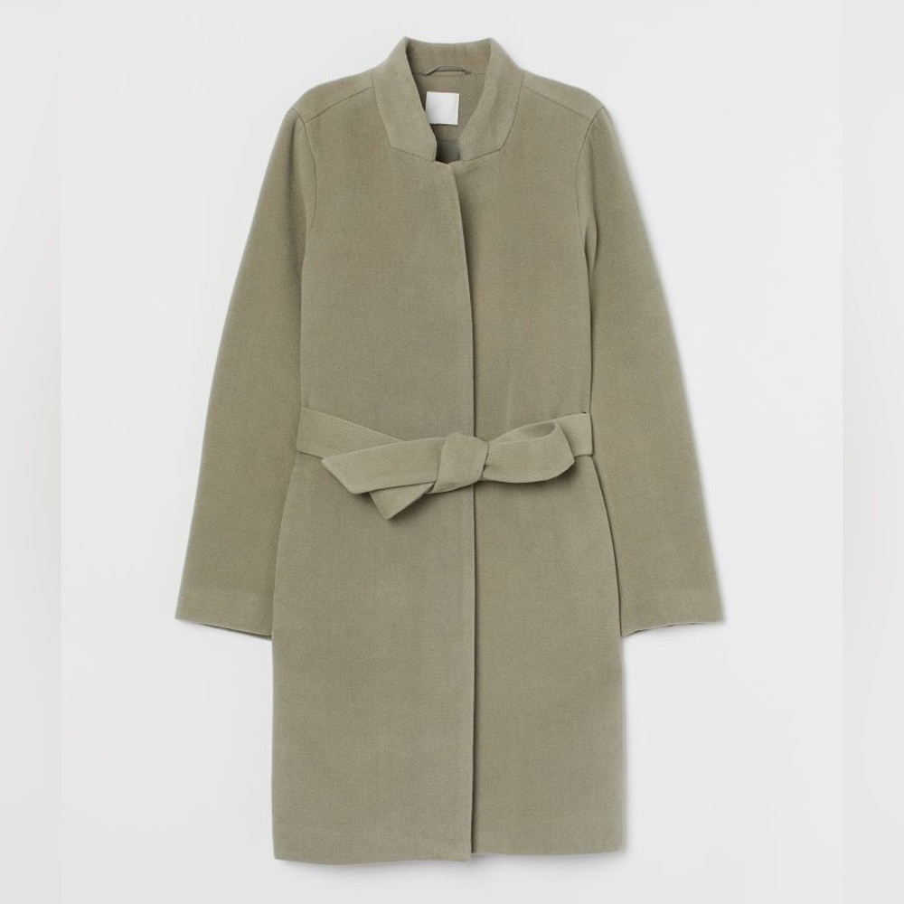 💚 BNWT H&M Light Green Knee-Length Coat with Belt and Stand-up Collar Size 6 💚